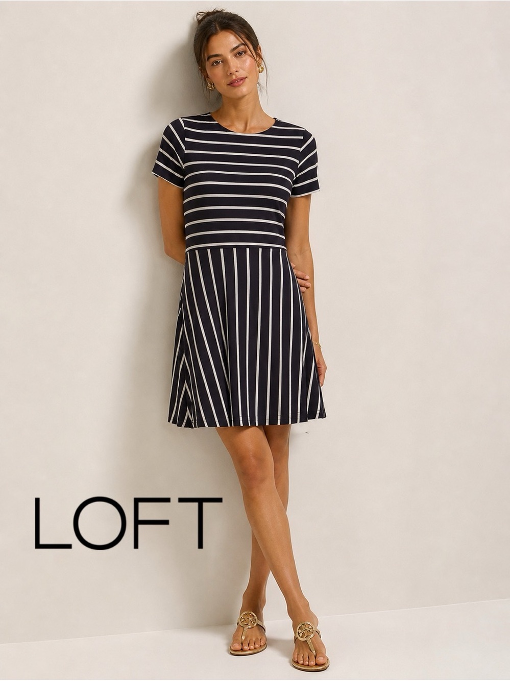 🩶 ✨ LOFT Gray & White Striped Fit & Flare Dress | Size 8 | Classic Chic